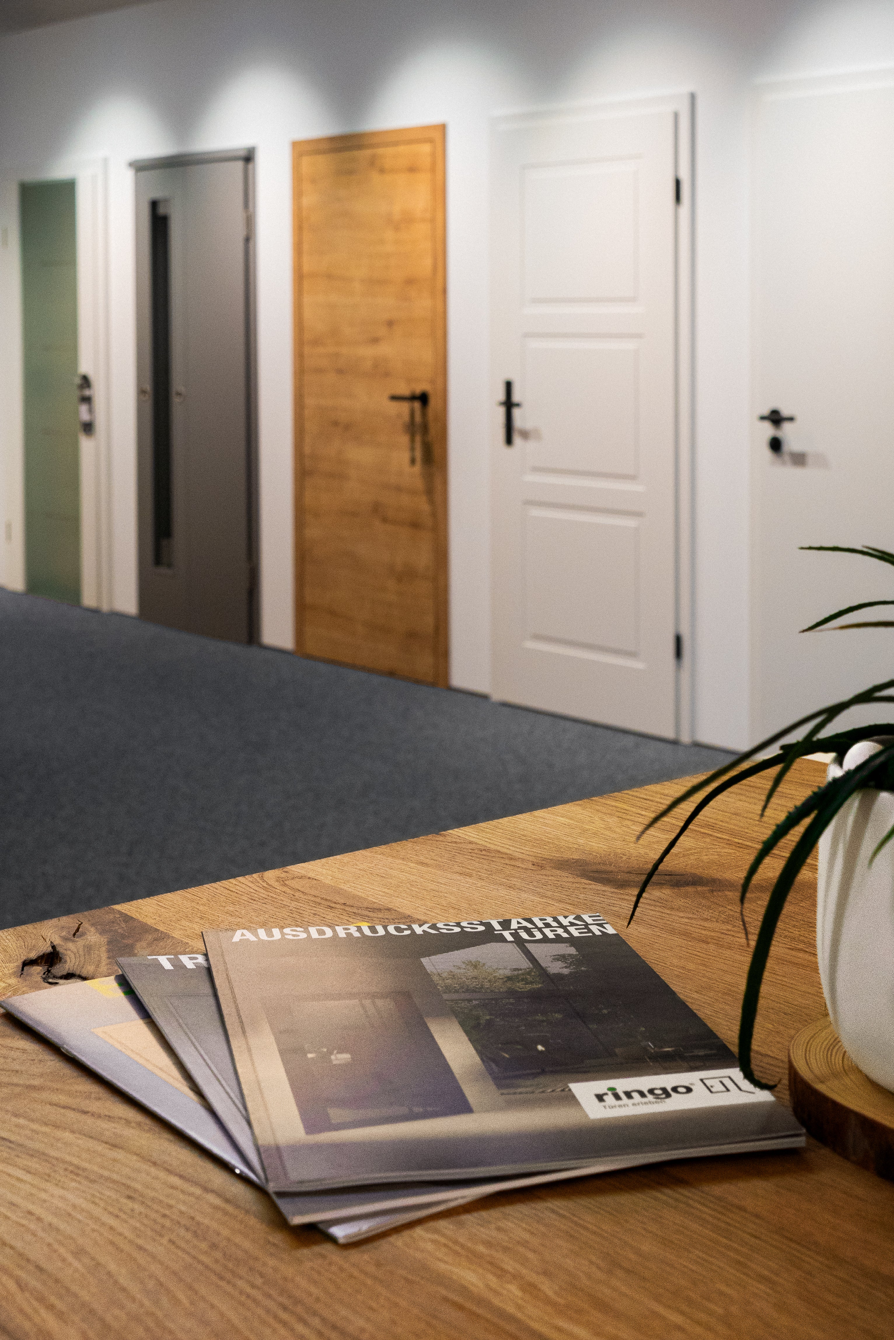 Die Türenausstellung im Showroom von Gunreben mit Prospekten von Ringo im Vordergrund